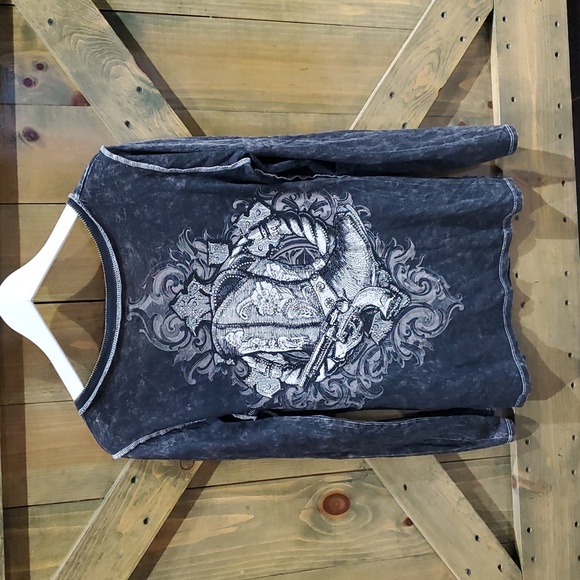 Vocal Charcoal VNeck Bling Long Sleeve Shirt Fleur De Lis Cowboy Boot Gun Pistol - Picture 5 of 7